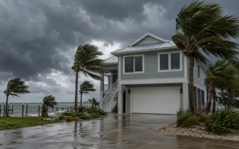 A garage door on a raised coastal house with palm trees bending in a storm